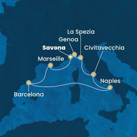 Itálie, Francie, Španělsko ze Savony na lodi Costa Toscana