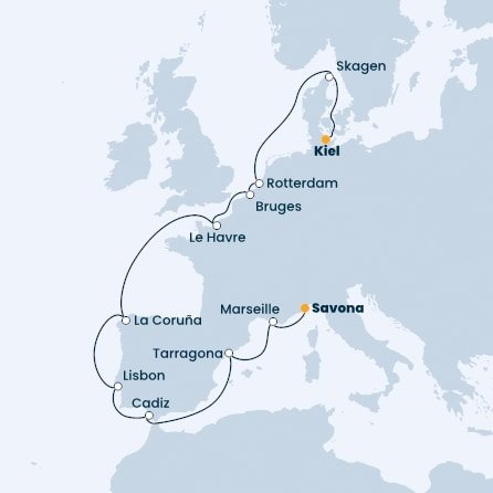 Itálie, Francie, Španělsko, Portugalsko, Belgie, Nizozemsko, Dánsko, Německo ze Savony na lodi Costa Firenze