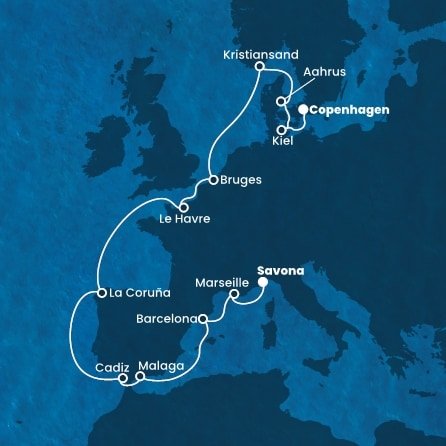 Itálie, Francie, Španělsko, Belgie, Norsko, Dánsko, Německo ze Savony na lodi Costa Diadema