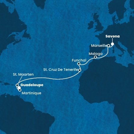 Itálie, Francie, Španělsko, Portugalsko, Svatý Martin, Martinik, Guadeloupe ze Savony na lodi Costa Fortuna