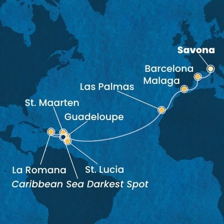 Itálie, Španělsko, Guadeloupe, Svatý Martin, Dominikánská republika, Svatá Lucie ze Savony na lodi Costa Fascinosa
