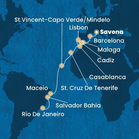 Itálie, Španělsko, Portugalsko, Maroko, Kapverdy, Brazílie ze Savony na lodi Costa Diadema