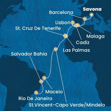 Itálie, Španělsko, Portugalsko, Kapverdy, Brazílie ze Savony na lodi Costa Diadema