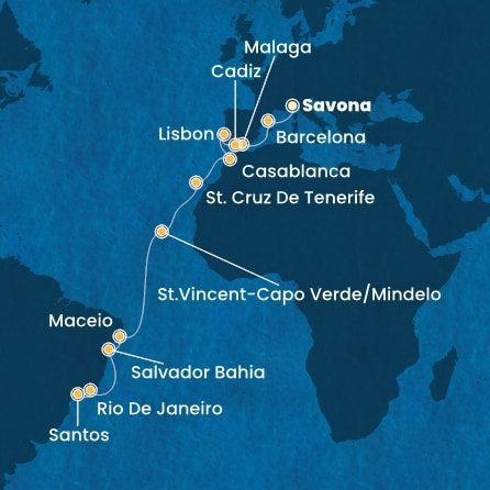 Itálie, Španělsko, Portugalsko, Maroko, Kapverdy, Brazílie ze Savony na lodi Costa Diadema