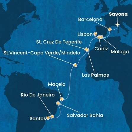 Itálie, Španělsko, Portugalsko, Kapverdy, Brazílie ze Savony na lodi Costa Diadema