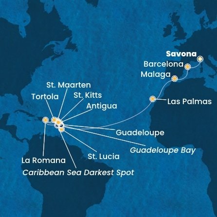 Itálie, Španělsko, Guadeloupe, Svatý Martin, Dominikánská republika, Svatá Lucie, Antigua a Barbuda, Svatý Kryštof a Nevis, Britské Panenské ostrovy ze Savony na lodi Costa Fascinosa