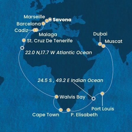Itálie, Francie, Španělsko, Namibie, Jihoafrická republika, Mauricius, Omán, Spojené arabské emiráty ze Savony na lodi Costa Smeralda