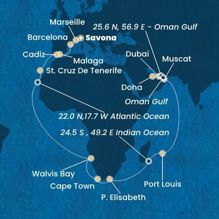 Itálie, Francie, Španělsko, Namibie, Jihoafrická republika, , Mauricius, Omán, Spojené arabské emiráty, Katar ze Savony na lodi Costa Toscana