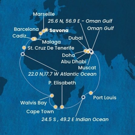 Itálie, Francie, Španělsko, Namibie, Jihoafrická republika, Mauricius, Omán, Spojené arabské emiráty, Katar ze Savony na lodi Costa Smeralda