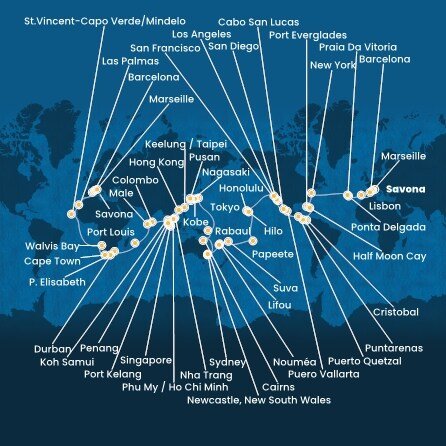 Itálie, Francie, Španělsko, Portugalsko, USA, Bahamy, Panama, Kostarika, Guatemala, Mexiko, Francouzská Polynésie, Fidži, Nová Kaledonie, Austrálie, Papua Nová Guinea, Japonsko, Jižní Korea, Tchaj-wan, Čína, Vietnam, Thajsko, Singapur, Malajsie, Srí Lanka, Maledivy, Mauricius, Jihoafrická republika, Namibie, Kapverdy ze Savony na lodi Costa Deliziosa