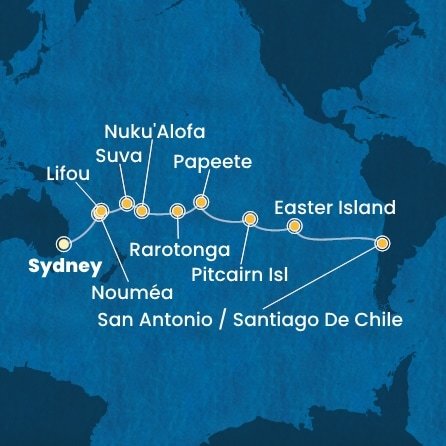 Austrálie, Nová Kaledonie, Fidži, Tonga, Cookovy ostrovy, Francouzská Polynésie, Zámořské území Velké Británie, Chile ze Sydney na lodi Costa Serena
