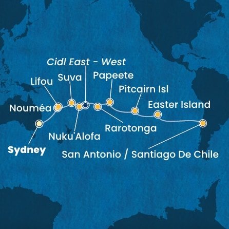 Austrálie, Nová Kaledonie, Fidži, Tonga, , Cookovy ostrovy, Francouzská Polynésie, Zámořské území Velké Británie, Chile ze Sydney na lodi Costa Serena