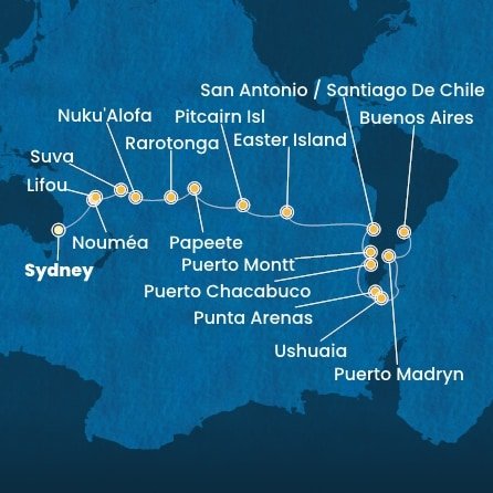 Austrálie, Nová Kaledonie, Fidži, Tonga, Cookovy ostrovy, Francouzská Polynésie, Zámořské území Velké Británie, Chile, Argentina ze Sydney na lodi Costa Serena