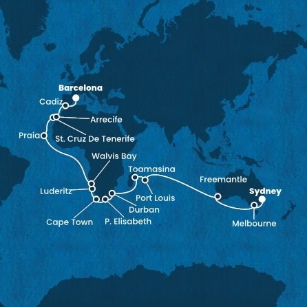 Austrálie, Mauricius, Madagaskar, Jihoafrická republika, Namibie, Kapverdy, Španělsko ze Sydney na lodi Costa Deliziosa