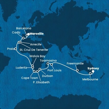 Austrálie, Mauricius, Madagaskar, Jihoafrická republika, Namibie, Kapverdy, Španělsko, Francie ze Sydney na lodi Costa Deliziosa