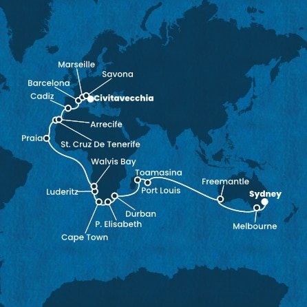 Austrálie, Mauricius, Madagaskar, Jihoafrická republika, Namibie, Kapverdy, Španělsko, Francie, Itálie ze Sydney na lodi Costa Deliziosa