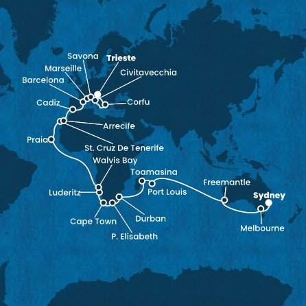 Austrálie, Mauricius, Madagaskar, Jihoafrická republika, Namibie, Kapverdy, Španělsko, Francie, Itálie, Řecko ze Sydney na lodi Costa Deliziosa