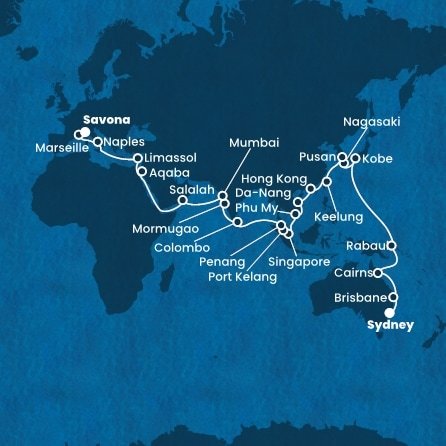 Austrálie, Papua Nová Guinea, Japonsko, Jižní Korea, Tchaj-wan, Čína, Vietnam, Singapur, Malajsie, Srí Lanka, Indie, Omán, Jordánsko, Kypr, Itálie, Francie ze Sydney na lodi Costa Deliziosa
