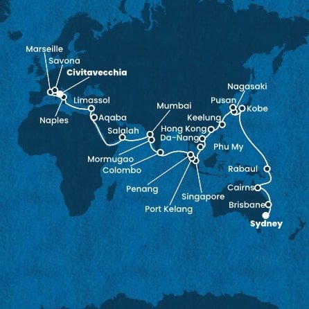 Austrálie, Papua Nová Guinea, Japonsko, Jižní Korea, Tchaj-wan, Čína, Vietnam, Singapur, Malajsie, Srí Lanka, Indie, Omán, Jordánsko, Kypr, Itálie, Francie ze Sydney na lodi Costa Deliziosa