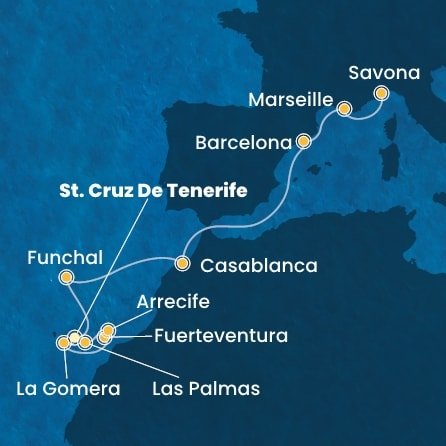 Španělsko, Portugalsko, Maroko, Francie, Itálie z Tenerife na lodi Costa Fortuna