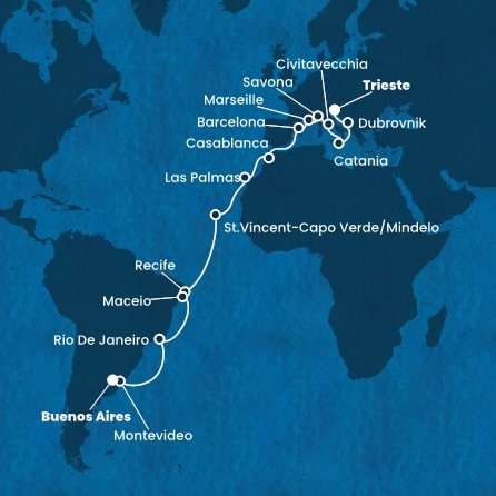 Itálie, Chorvatsko, Francie, Španělsko, Maroko, Kapverdy, Brazílie, Uruguay, Argentina na lodi Costa Deliziosa