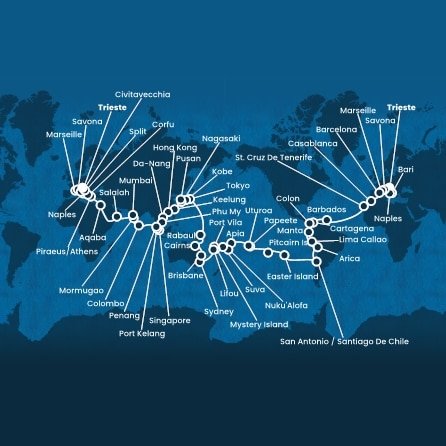 Itálie, Francie, Španělsko, Maroko, Barbados, Kolumbie, Panama, Ekvádor, Peru, Chile, Zámořské území Velké Británie, Francouzská Polynésie, Zámořské společenství Francie, Samoa, Tonga, Fidži, Vanuatská republika, Nová Kaledonie, Austrálie, Papua Nová Guinea, Japonsko, Jižní Korea, Tchaj-wan, Čína, Vietnam, Singapur, Malajsie, Srí Lanka, Indie, Omán, Jordánsko, Řecko, Chorvatsko na lodi Costa Deliziosa