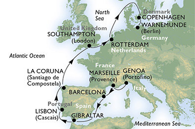 Itálie, Francie, Španělsko, Velká Británie, Portugalsko, Nizozemsko, Dánsko z Janova na lodi MSC Magnifica