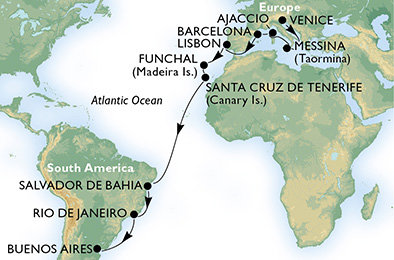 Itálie, Francie, Španělsko, Portugalsko, Brazílie, Argentina z Benátek na lodi MSC Poesia