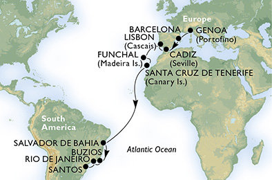 Itálie, Španělsko, Portugalsko, Brazílie z Janova na lodi MSC Preziosa