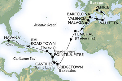 Itálie, Malta, Španělsko, Portugalsko, Barbados, Svatá Lucie, Francie, Velká Británie, Kuba z Benátek na lodi MSC Armonia