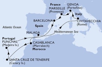 Španělsko, Maroko, Portugalsko, Itálie, Francie z Janova na lodi MSC Orchestra