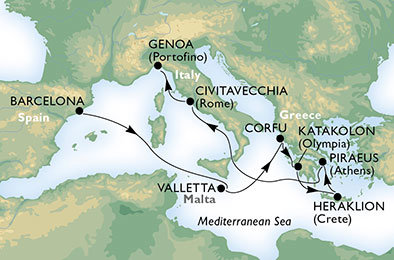 Španělsko, Malta, Řecko, Itálie z Barcelony na lodi MSC Orchestra