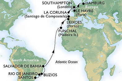 Brazílie, Portugalsko, , Španělsko, Velká Británie, Francie, Německo ze Santosu na lodi MSC Magnifica