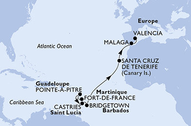 Martinik, Guadeloupe, Svatá Lucie, Barbados, Španělsko z Fort de France, Martinik na lodi MSC Fantasia