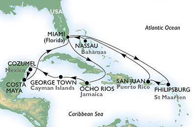 USA, Jamajka, Kajmanské ostrovy, Mexiko, Nizozemsko, Bahamy z Miami na lodi MSC Seaside