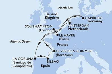 Francie, Španělsko, , Nizozemsko, Německo, Velká Británie z Hamburku na lodi MSC Magnifica
