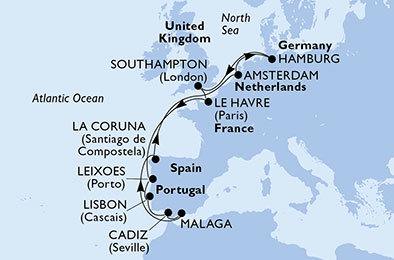 Francie, , Portugalsko, Španělsko, Nizozemsko, Německo, Velká Británie z Hamburku na lodi MSC Magnifica