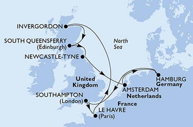 Francie, , Velká Británie, Nizozemsko, Německo z Le Havre na lodi MSC Magnifica