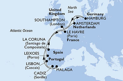 Francie, , Portugalsko, Španělsko, Nizozemsko, Německo, Velká Británie ze Southamptonu na lodi MSC Magnifica