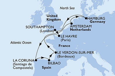 Německo, Velká Británie, Francie, Španělsko, Nizozemsko z Le Havre na lodi MSC Magnifica