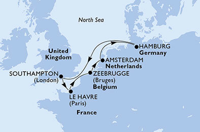 Francie, Velká Británie, Belgie, Nizozemsko, Německo ze Southamptonu na lodi MSC Magnifica