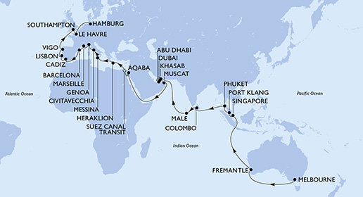 Australie, Singapur, Malajsie, Thajsko, Srí Lanka, Maledivy, Spojené arabské emiráty, Omán, Jordánsko, Egypt, Řecko, Itálie, Francie, Španělsko, Portugalsko, Velká Británie, Německo na lodi MSC Magnifica