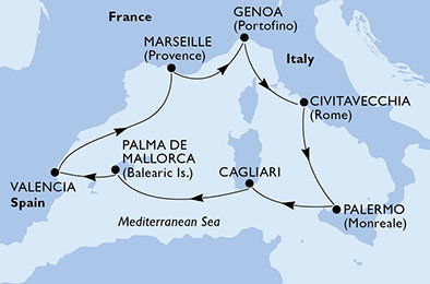 Itálie, Španělsko, Francie z Valencie na lodi MSC Divina