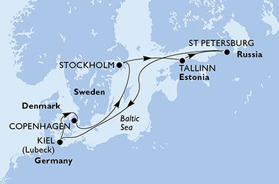 Německo, Dánsko, Švédsko, Estonsko, Rusko z Kielu na lodi MSC Preziosa