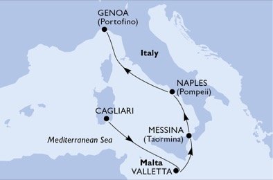 Itálie, Malta z Cagliari na lodi MSC Armonia