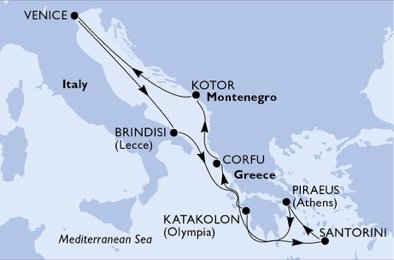 Itálie, Řecko, Černá Hora z Benátek na lodi MSC Musica