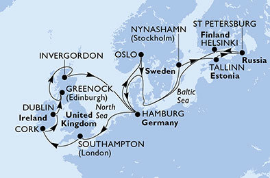 Německo, Velká Británie, Irsko, Norsko, Estonsko, Rusko, Finsko z Hamburku na lodi MSC Meraviglia