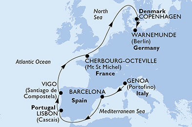 Itálie, Španělsko, Portugalsko, Francie, Dánsko, Německo z Janova na lodi MSC Orchestra