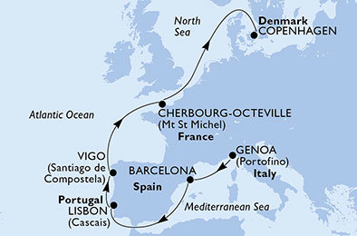 Itálie, Španělsko, Portugalsko, Francie, Dánsko z Janova na lodi MSC Orchestra
