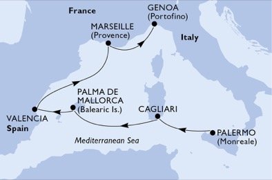 Itálie, Španělsko, Francie z Palerma na lodi MSC Splendida